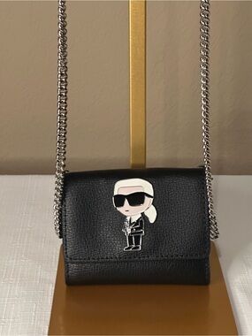 Karl Lagerfeld Black Leather Mini Wallet Crossbody with Character Pin NWOT